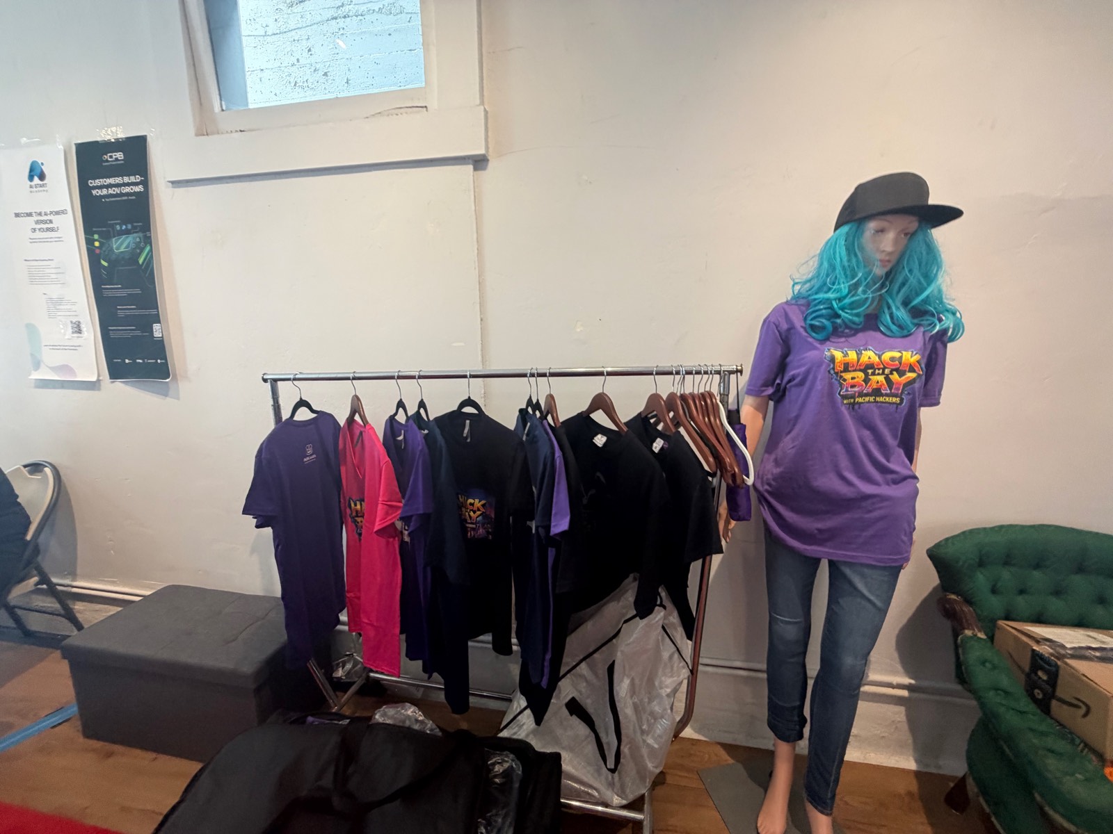 Merch rack with community shirts