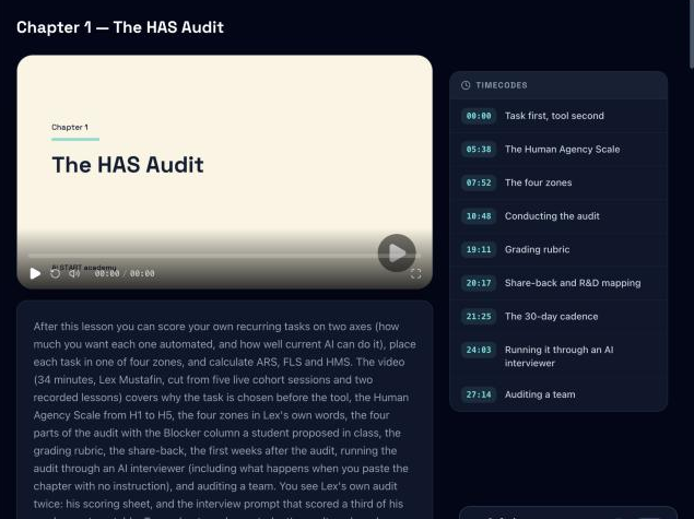 Chapter 1, The HAS Audit, as a student sees it on the hub: the video, the timecodes and the task underneath